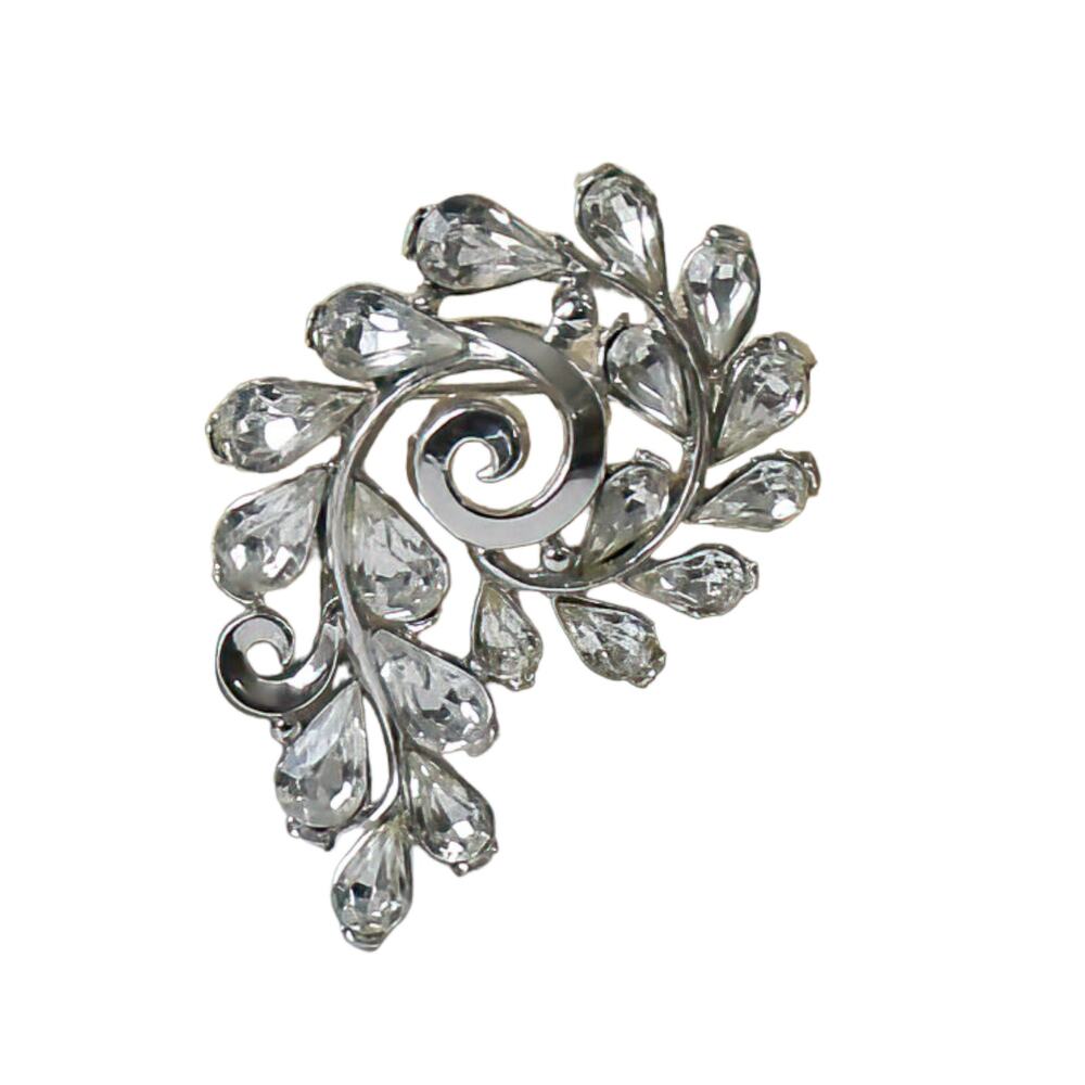 60s Crown Trifari Rhodium Plate White Rhinestone Ornate Swirl Curved Pin Brooch
